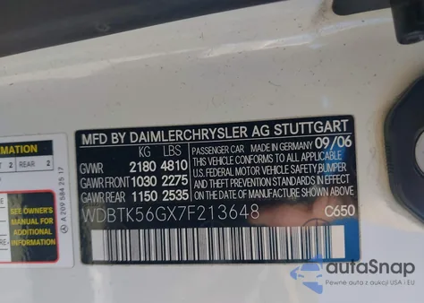 2007 Mercedes-Benz Clk 350 из США, поврежденный, VIN WDBTK56GX7F213648